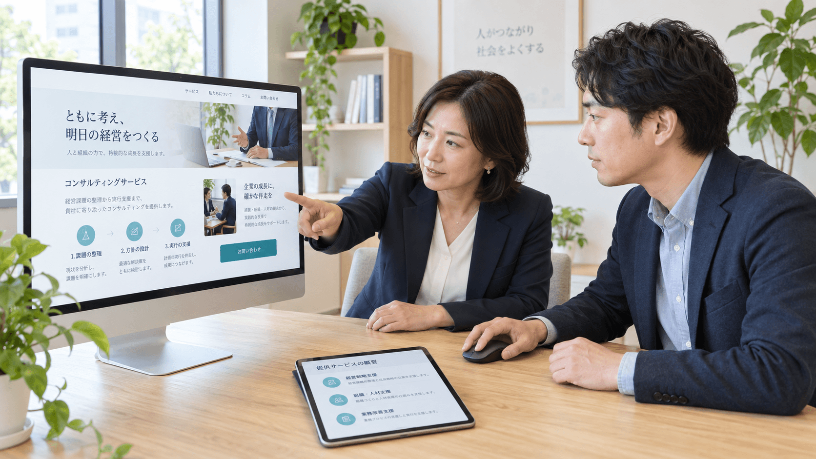 明るい会議室で、コンサルティング会社の担当者二人が、画面のサービス説明とタブレットの業務資料を見比べて確認している。