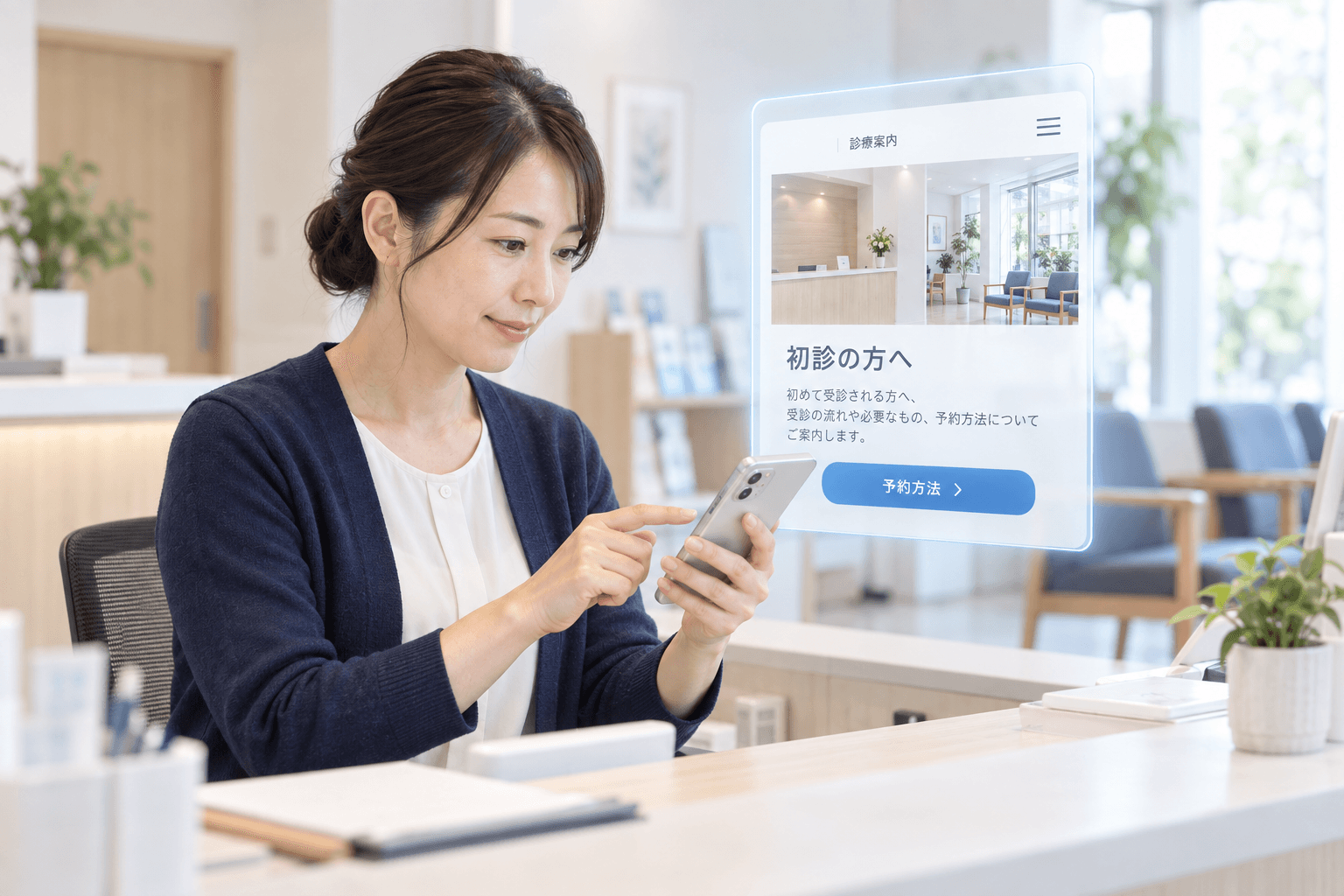 クリニックの受付でスマートフォンを操作する女性と、初診案内・予約方法を表示した半透明のホームページプレビュー。