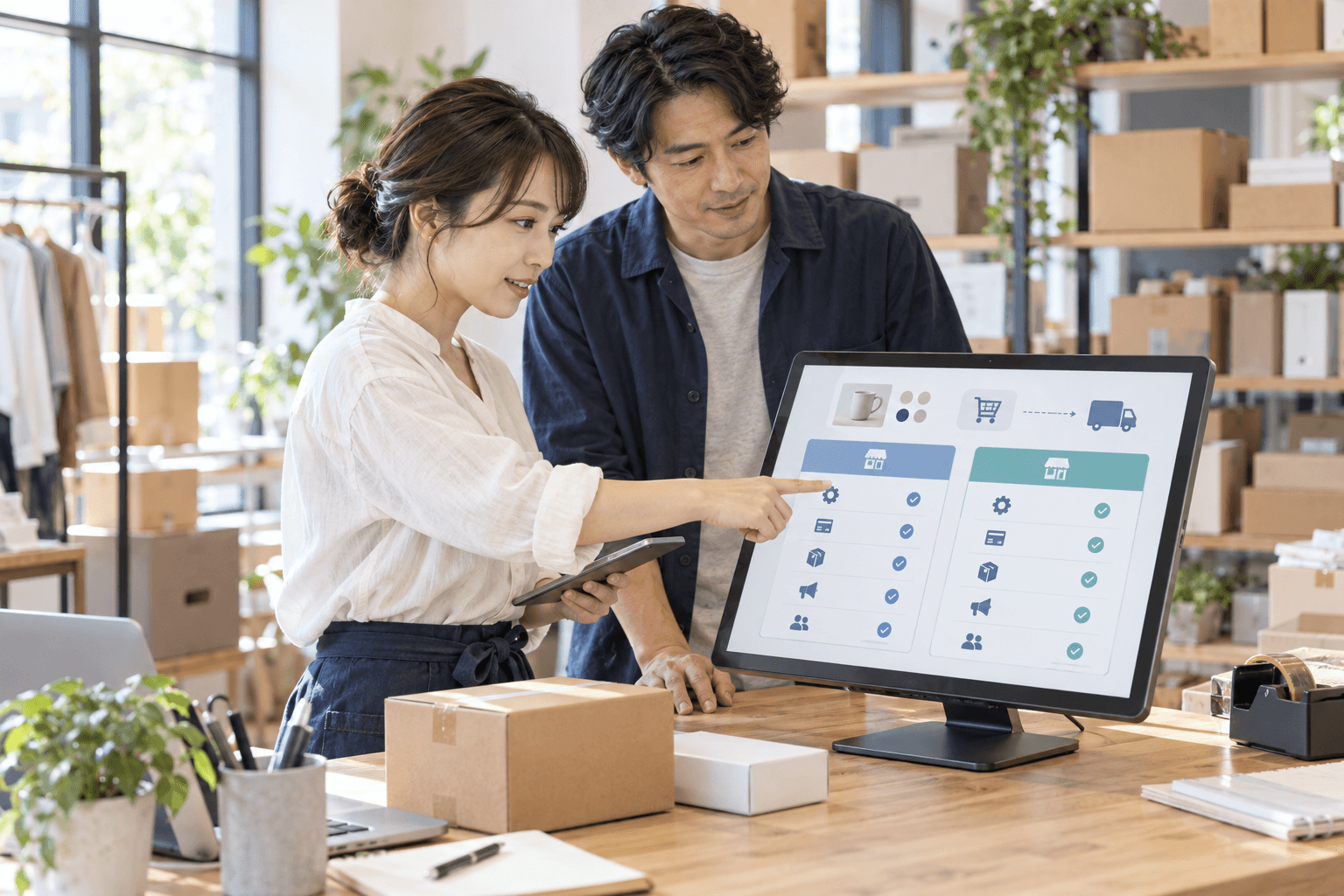 商品と発送用の箱がある明るい作業場で、二人が画面の項目を指しながらECサイトの構築範囲を確認している。
