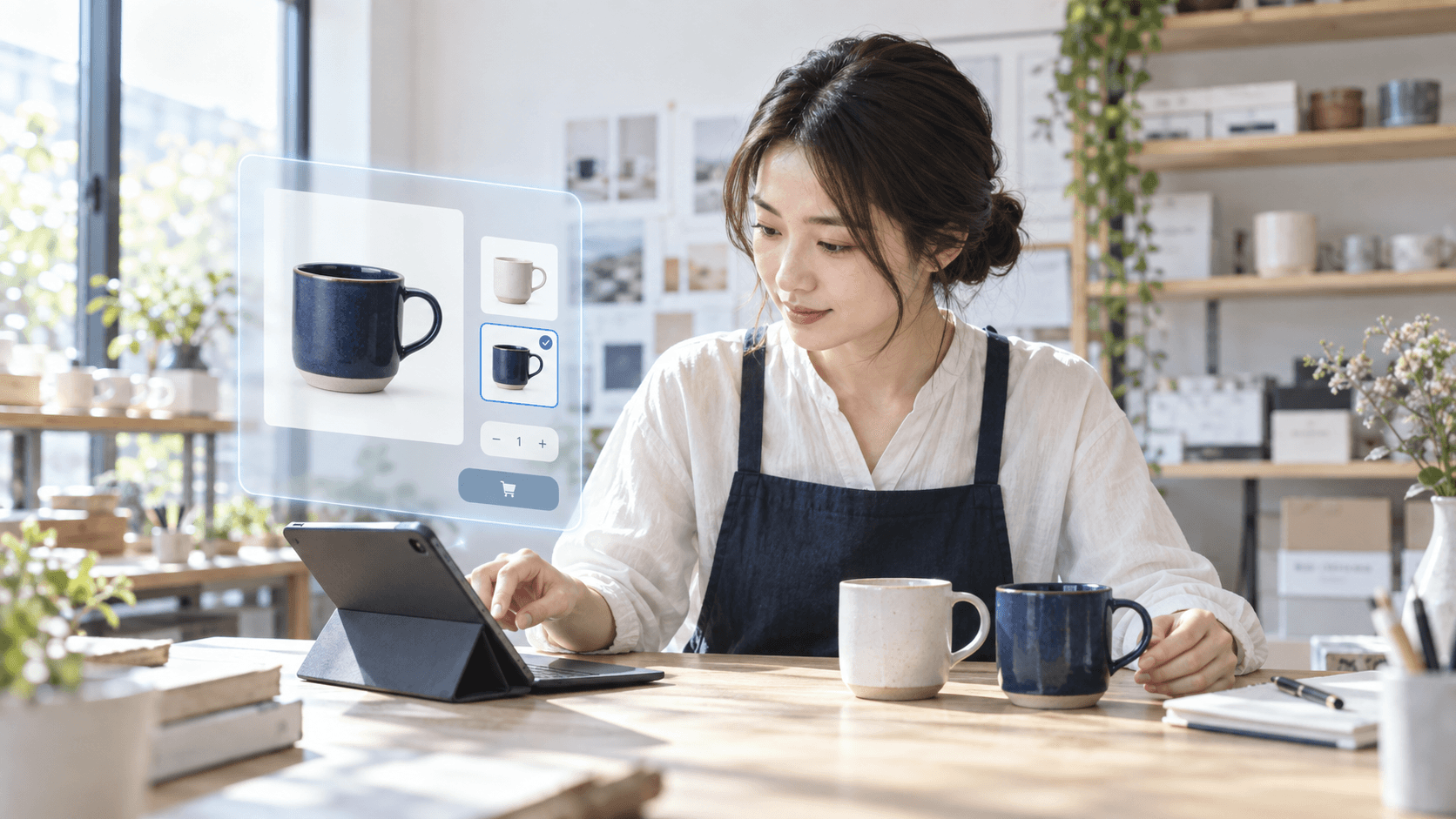 タブレットを操作し、白と紺のマグカップの実物とECサイトの商品プレビューを見比べる担当者。