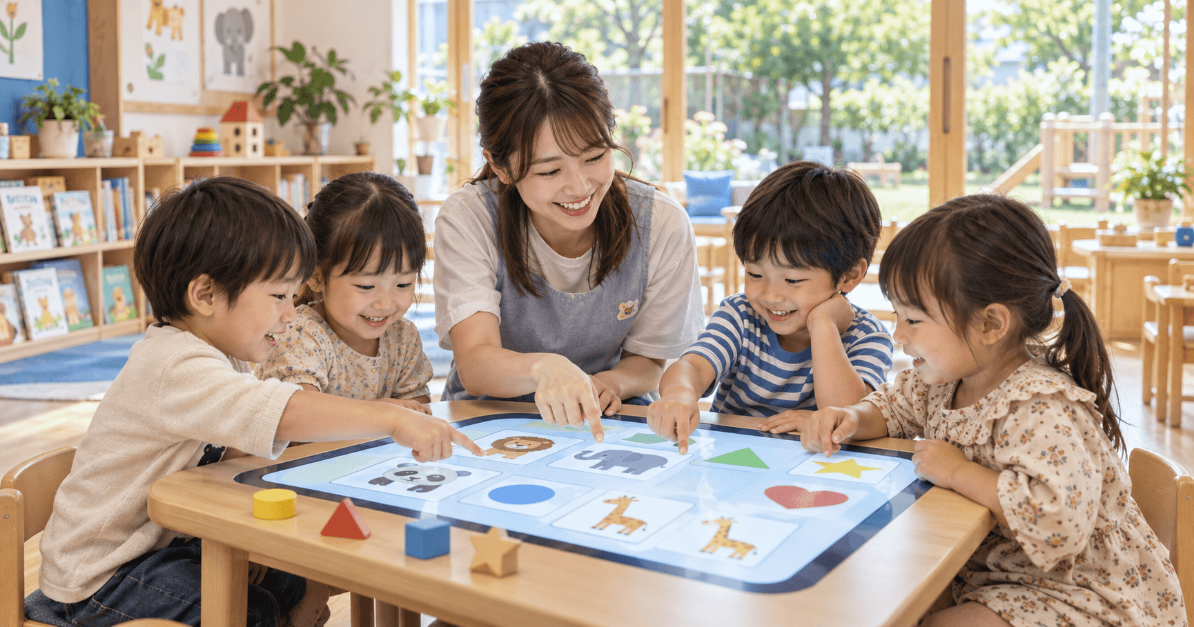 明るい保育室で、保育士と子どもたちがタッチテーブルの動物や形のゲームで一緒に遊ぶ様子