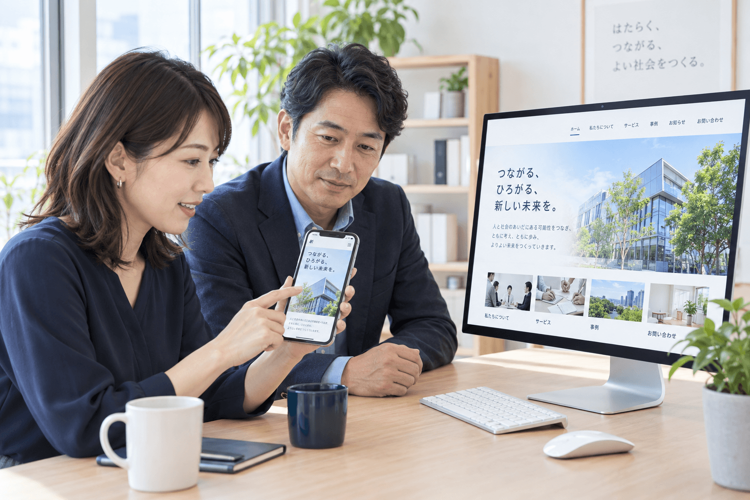 明るい会議スペースで、二人の担当者がスマートフォンとモニターに表示された企業サイトを見比べている様子