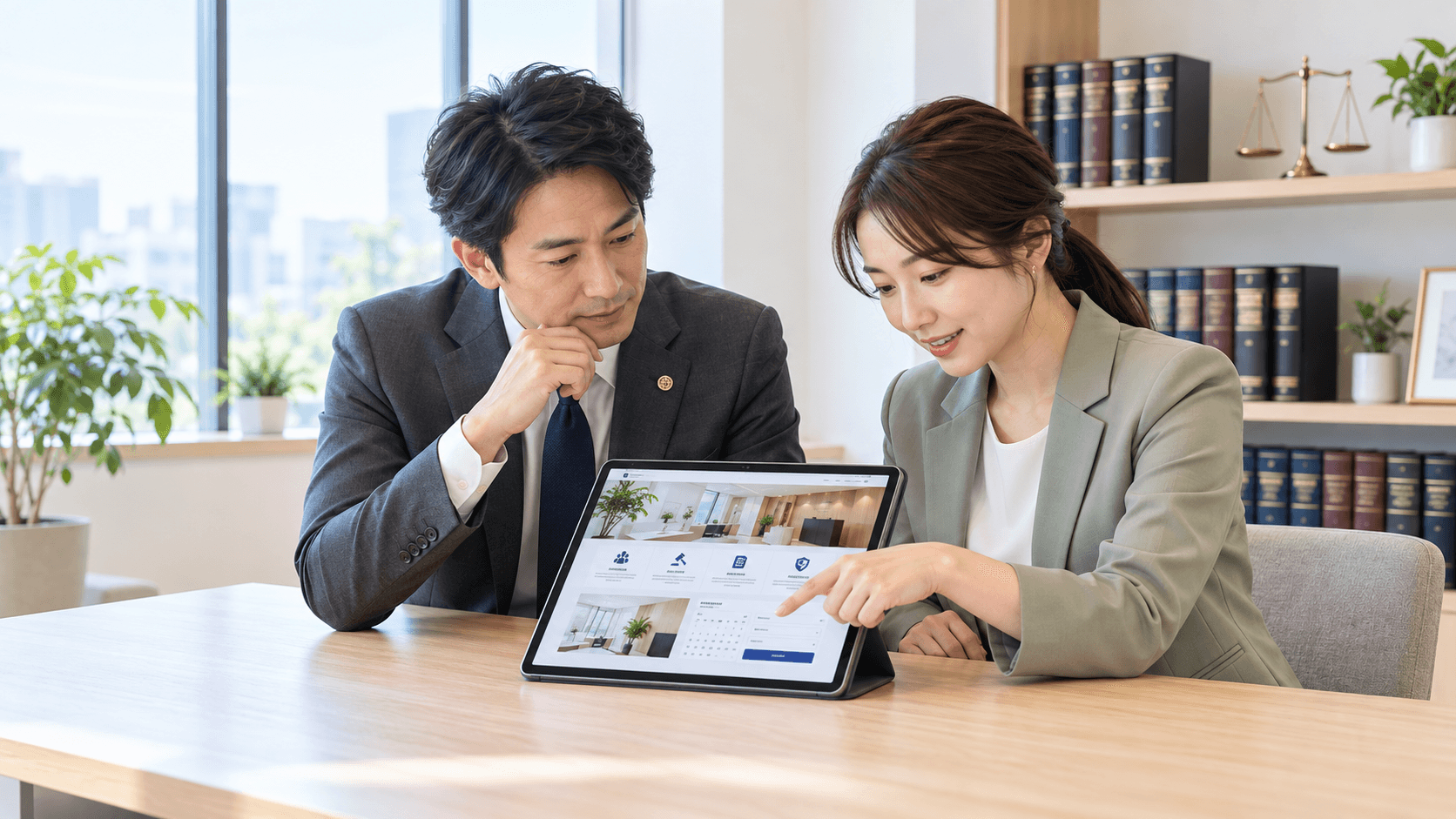 明るい法律事務所で、弁護士と運営担当者がタブレットに表示されたホームページの相談受付欄を確認している様子（イメージ）