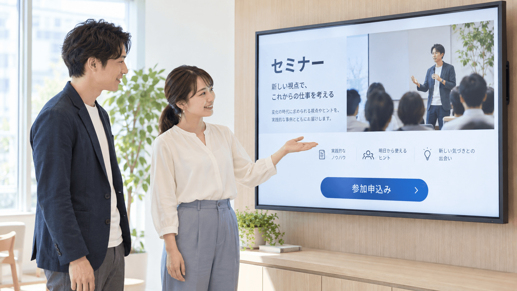明るい打合せスペースで、男女の担当者が大型画面に表示されたセミナー案内と参加申込みボタンを確認している。
