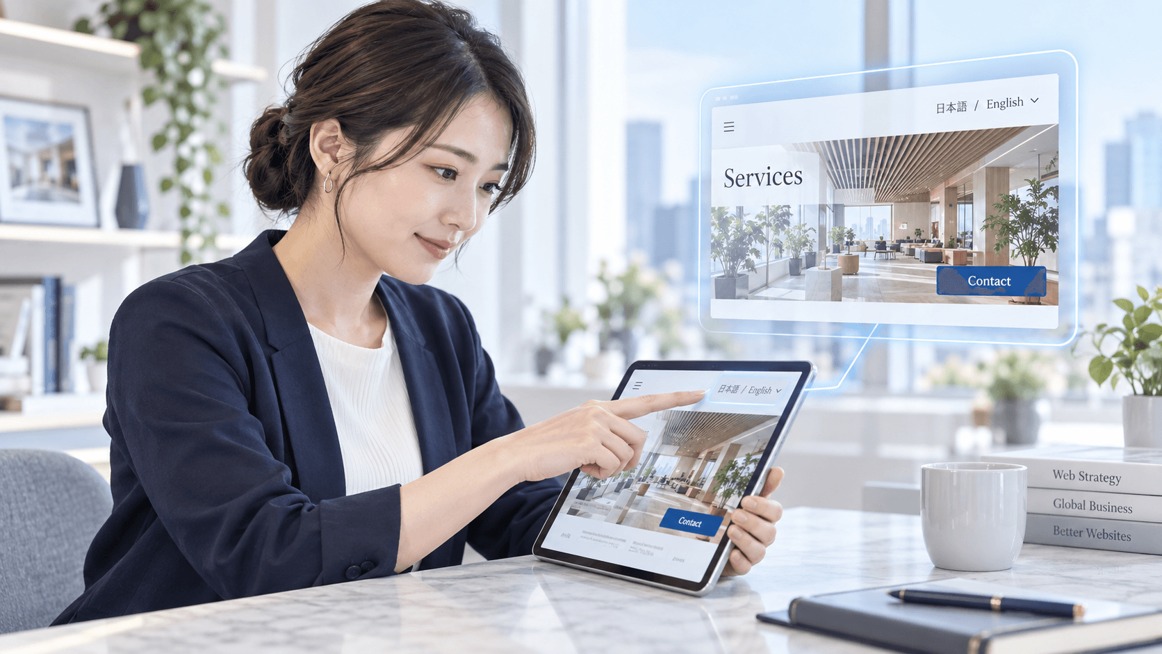 タブレットで多言語サイトの言語選択を操作する女性と、日本語・英語の切り替えや問い合わせボタンを示す半透明のプレビュー。