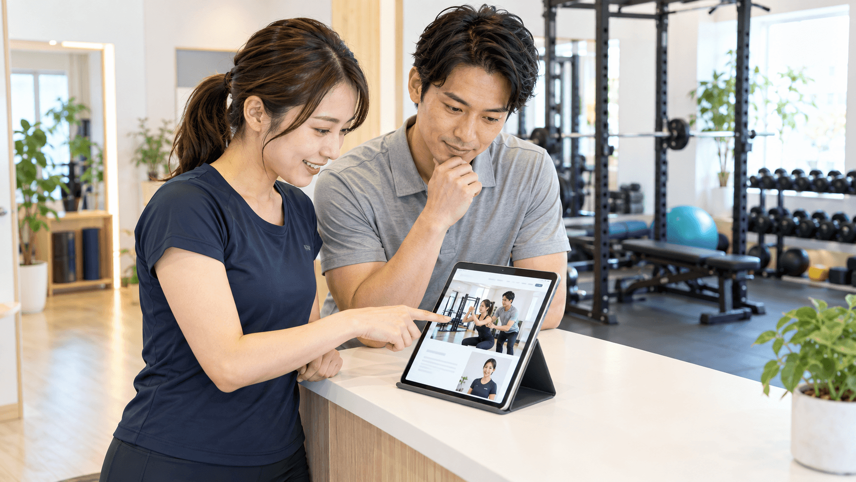 明るいパーソナルジムで、二人のスタッフがタブレットに表示されたトレーニング写真とトレーナー紹介を確認している様子。