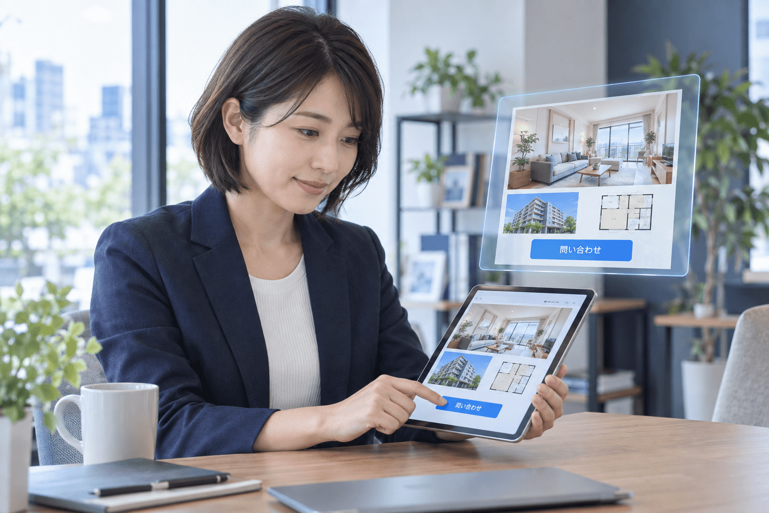 タブレットで不動産ホームページの物件写真・間取りと問い合わせボタンを確認する女性。隣に同じ物件ページの半透明プレビューが浮かんでいる。