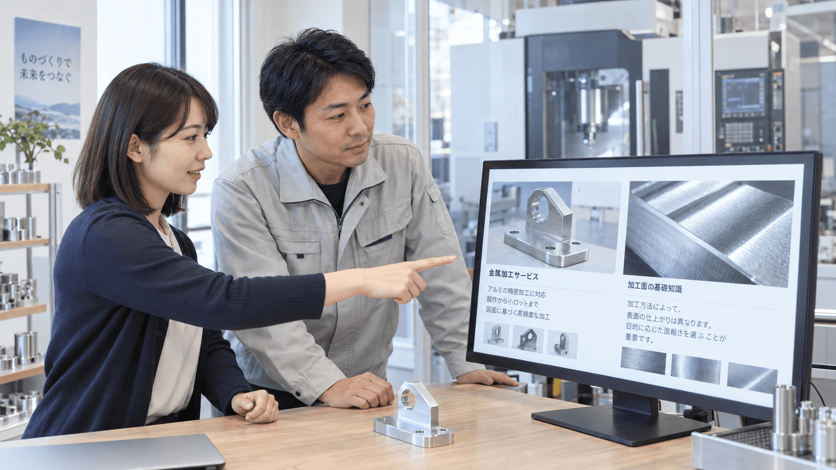 明るい加工現場で、アルミ部品を前に、女性と作業着の男性が画面の加工サービス紹介と加工面の解説を確認している。