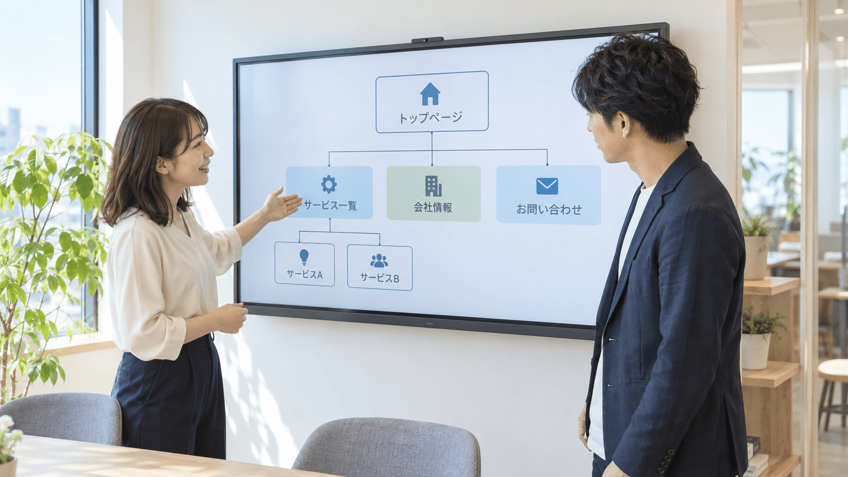 明るい会議室で、二人の担当者が大型画面に表示されたウェブサイトのページ構成図を見ながら話し合っている。