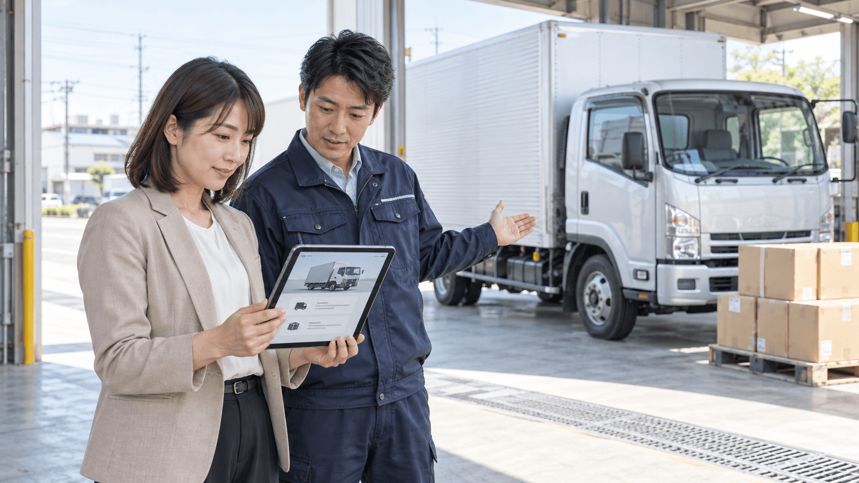 運送会社の担当者二人が、トラックと貨物のある営業所でタブレットの車両情報を確認している様子