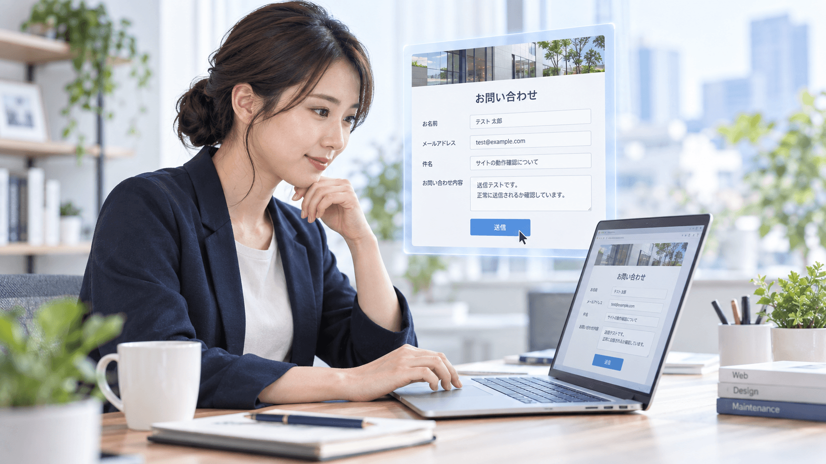 Webサイトの保守管理で、ノートパソコンを操作し、問い合わせフォームの送信テストを行う担当者と半透明のフォーム画面。