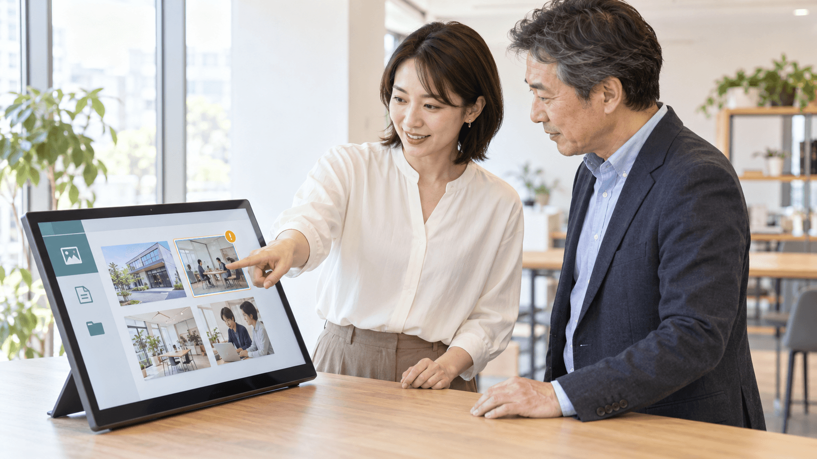 明るいオフィスで、二人の担当者がタッチディスプレイに表示された会社の写真素材を確認し、一人が確認対象の写真を指している。