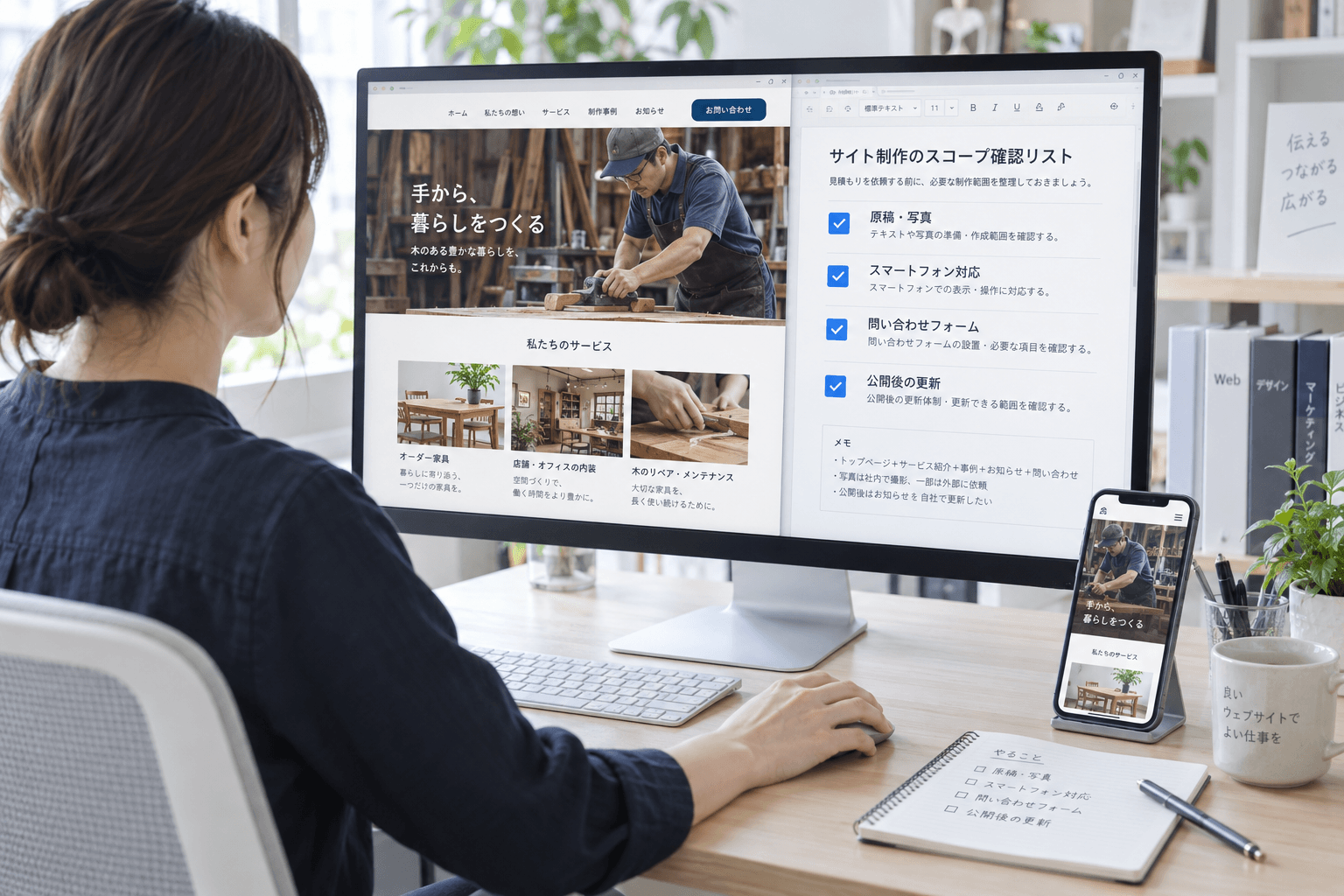 パソコンに表示したホームページと制作範囲の確認リストを見比べる担当者。隣のスマートフォンにも同じサイトのモバイル表示が映っている。
