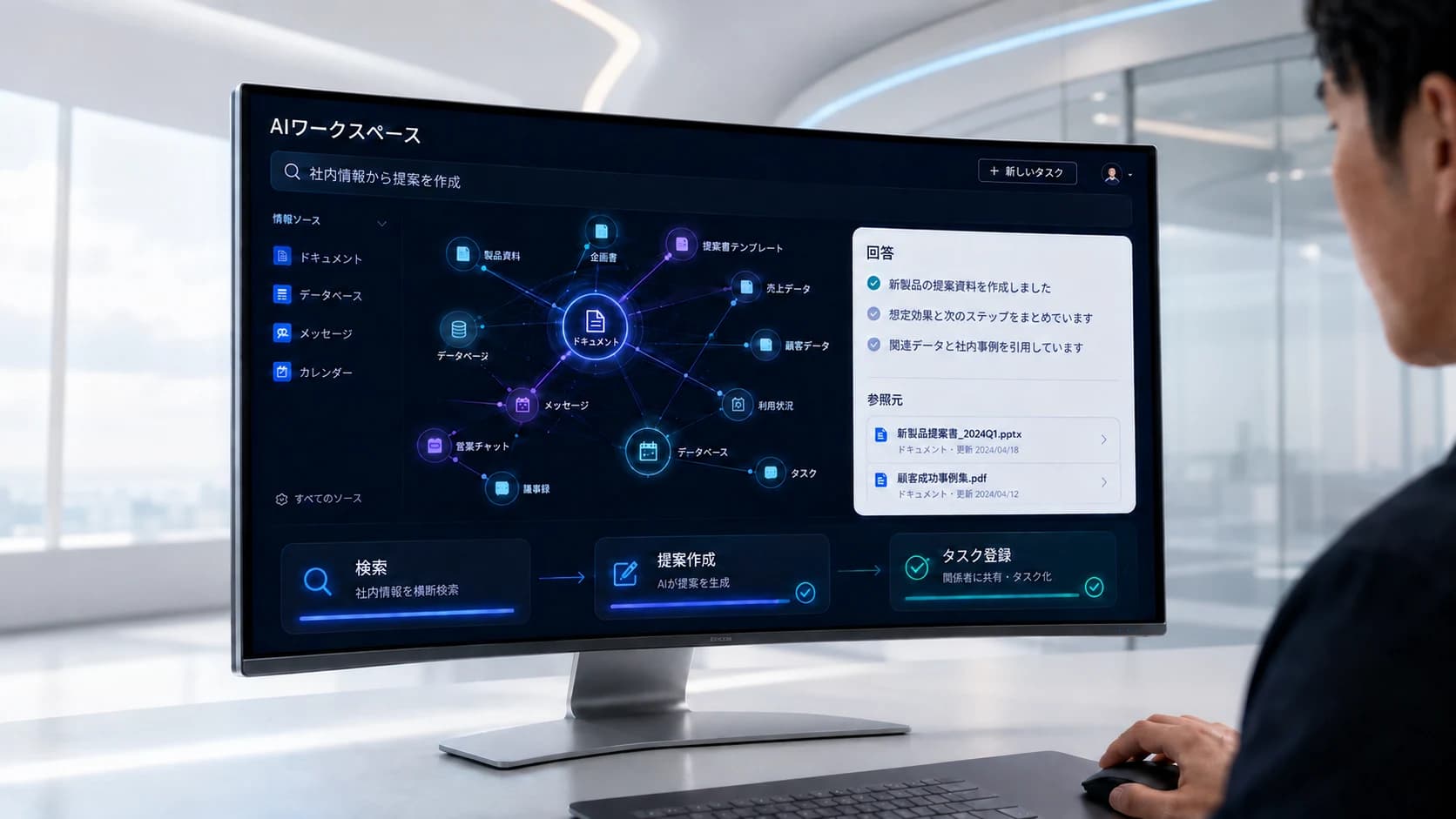 知識の関連図、回答の参照元、タスクの実行状況を表示したAIワークスペースのイメージ