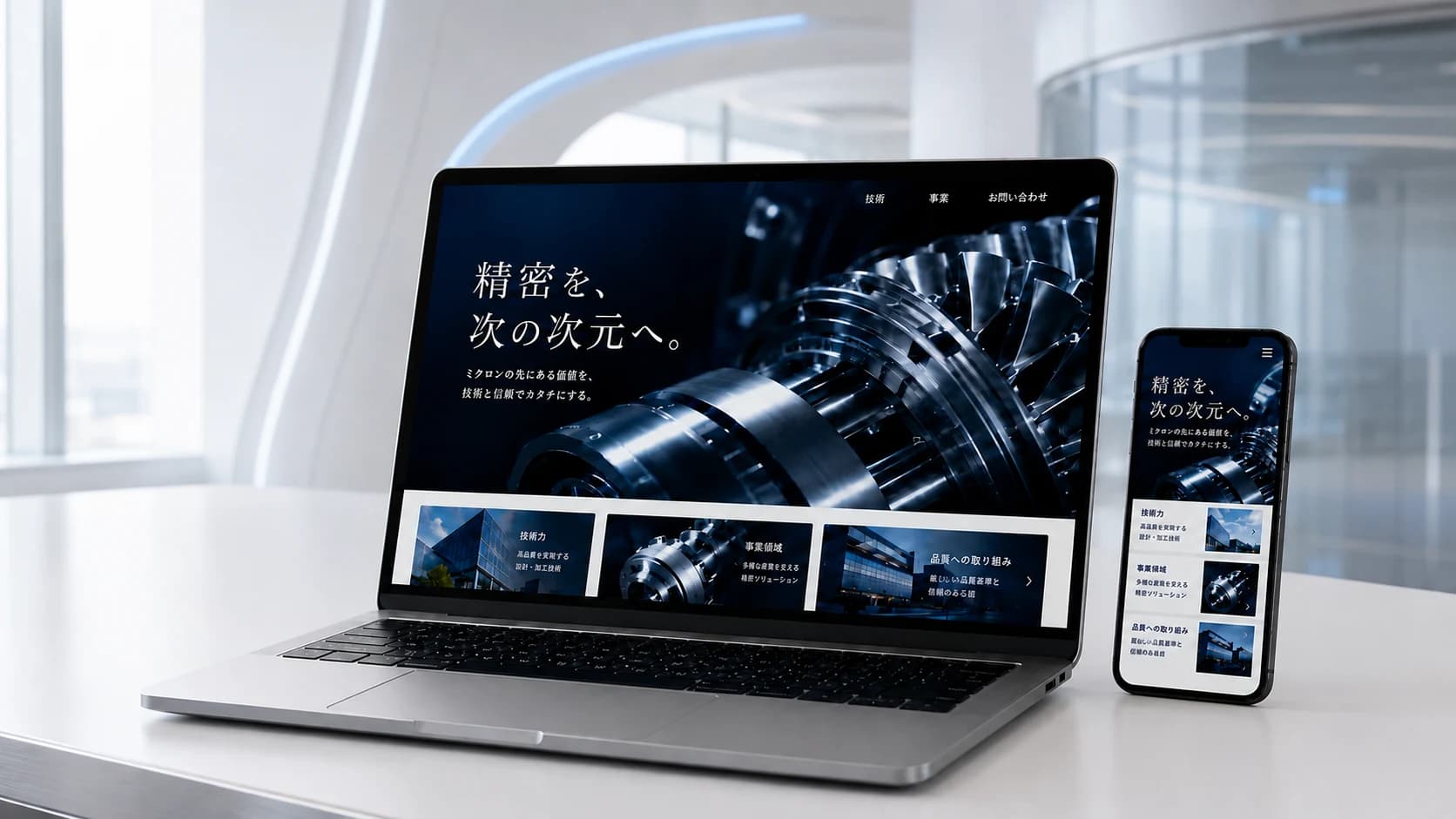 ノートパソコンとスマートフォンに企業サイトを表示した制作イメージ
