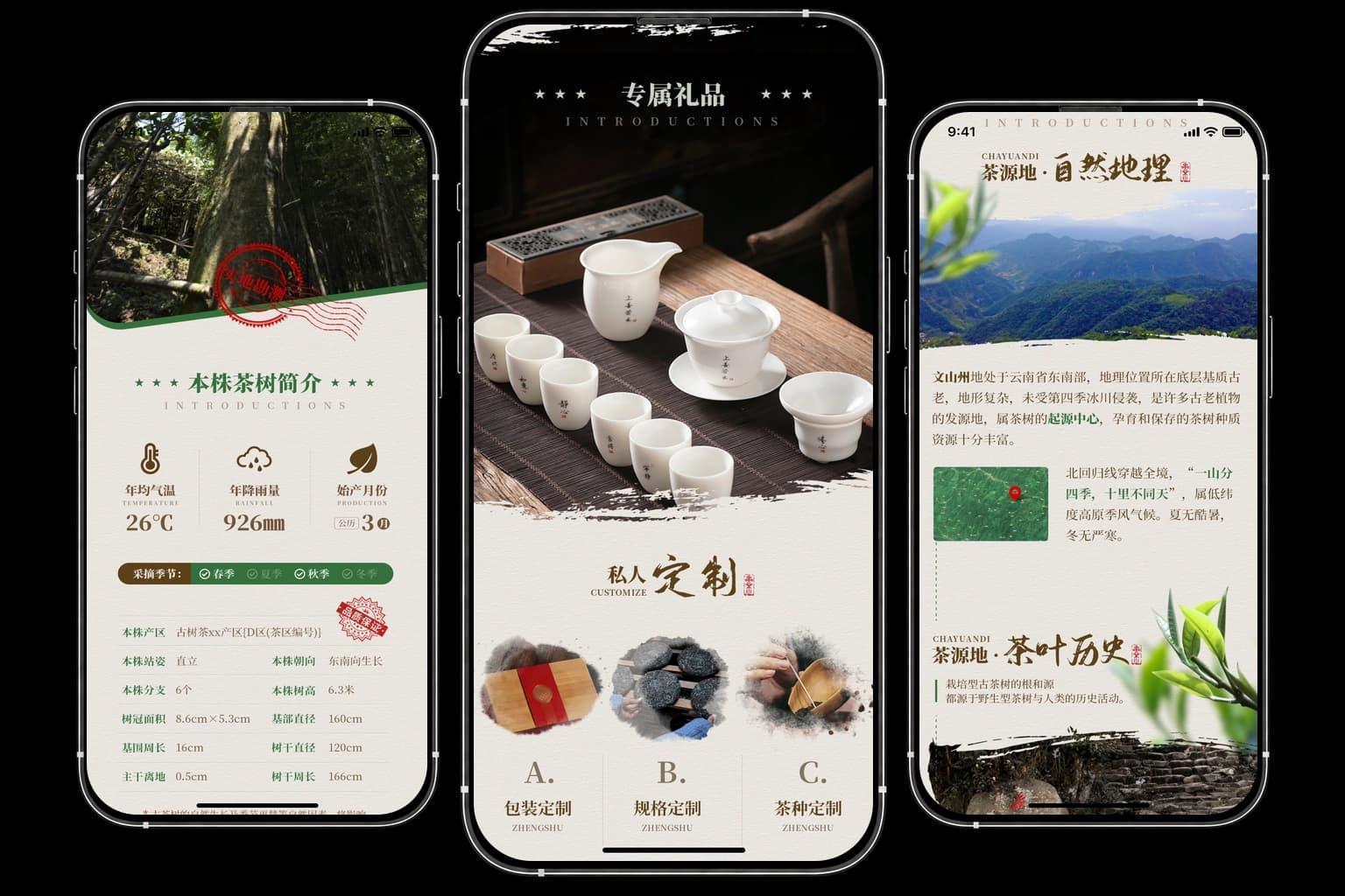 中国茶の小売向けLPの茶樹紹介、ギフト・カスタマイズ、産地紹介を3台のスマートフォンで表示