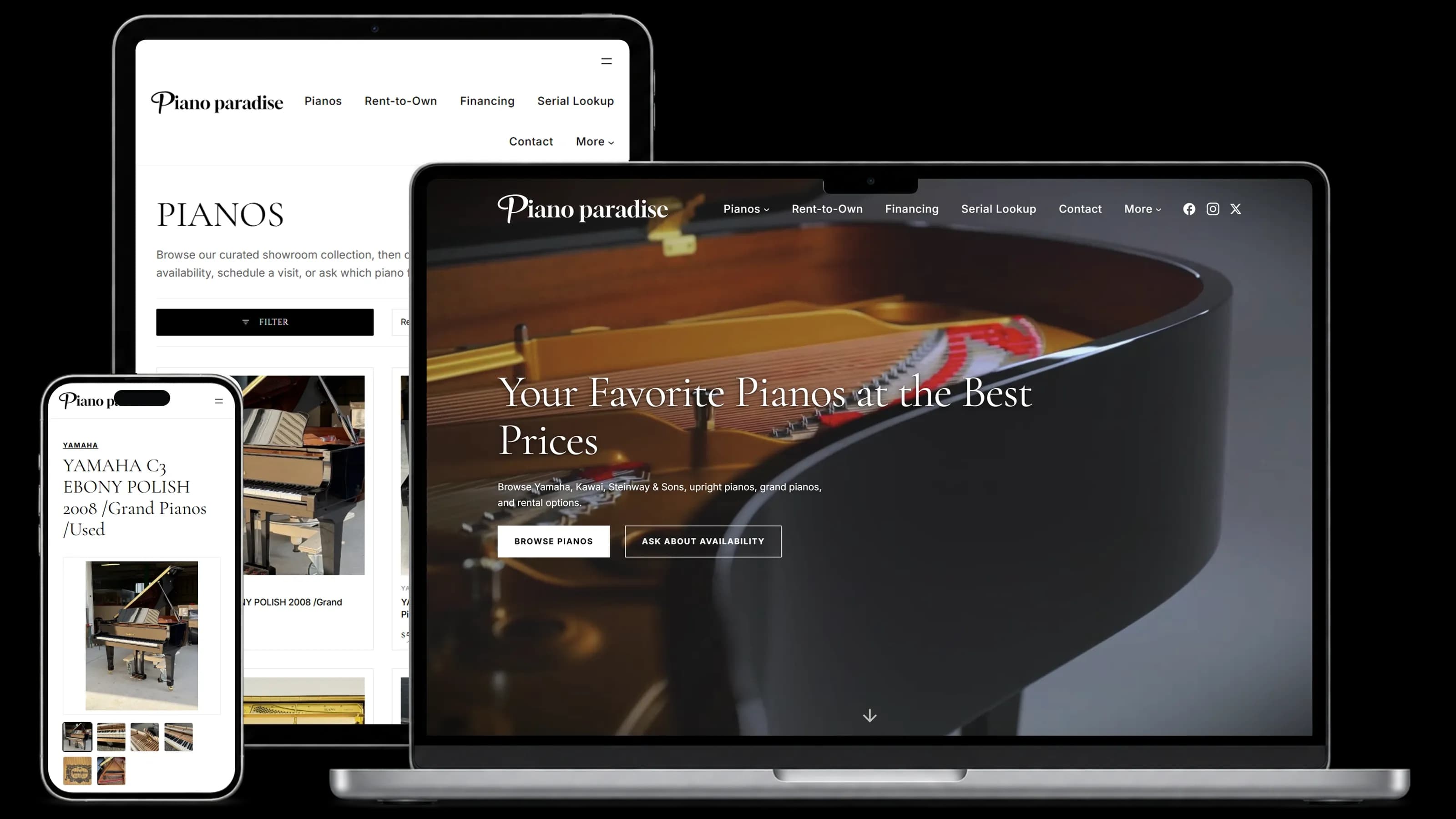 ピアノ販売店サイトのホームページ・商品一覧・商品詳細をPC・タブレット・スマートフォンで表示