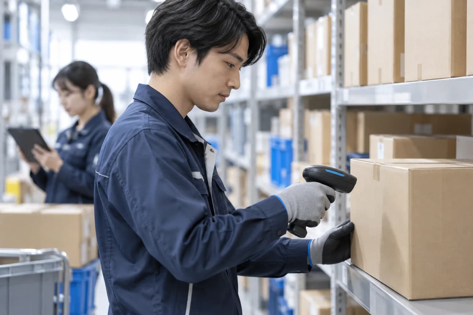 倉庫でスキャナーとタブレットを使って在庫を確認する場面